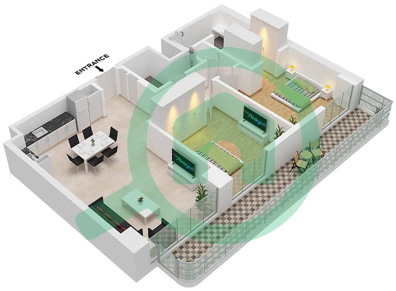 海湾公寓 - 2 卧室公寓类型／单位F / UNIT 1 GROUND FLOOR戶型图 Type F
Unit 1 Ground Floor interactive3D