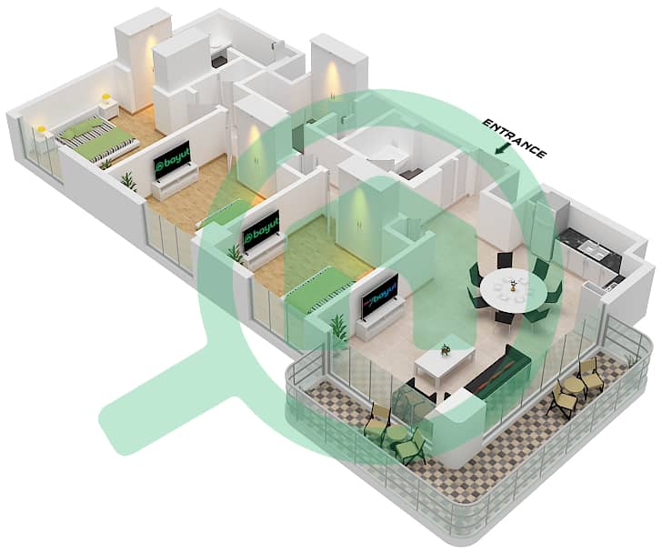 المخططات الطابقية لتصميم النموذج / الوحدة A / UNIT 3 FLOOR 2-8 شقة 3 غرف نوم - باي لاين Type A
Unit 3 Floor 2-8 interactive3D