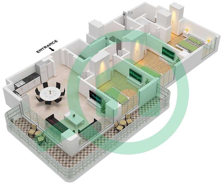 海湾公寓 - 3 卧室公寓类型／单位D / UNIT 17 FLOOR 1戶型图 interactive3D