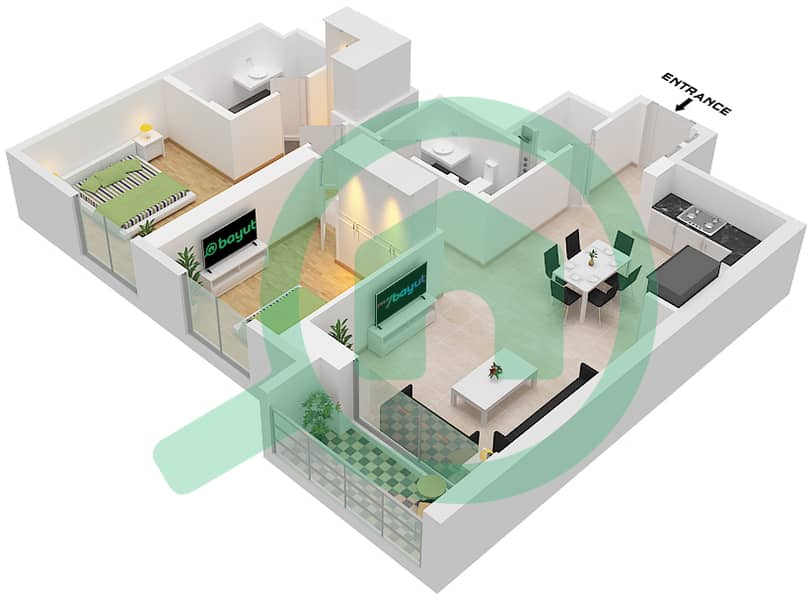 المخططات الطابقية لتصميم الوحدة 5 / FLOOR 3-19 شقة 2 غرفة نوم - كريك ايدج تاور 2 Unit 5 Floor 3-19 interactive3D
