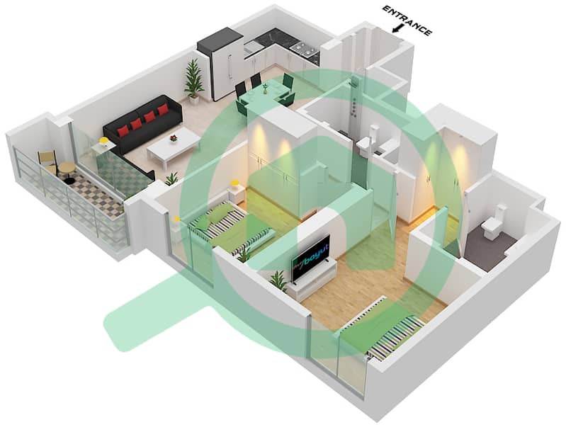 المخططات الطابقية لتصميم الوحدة 6 / FLOOR 3-9 شقة 2 غرفة نوم - كريك ايدج تاور 2 Unit 6 Floor 3-9 interactive3D