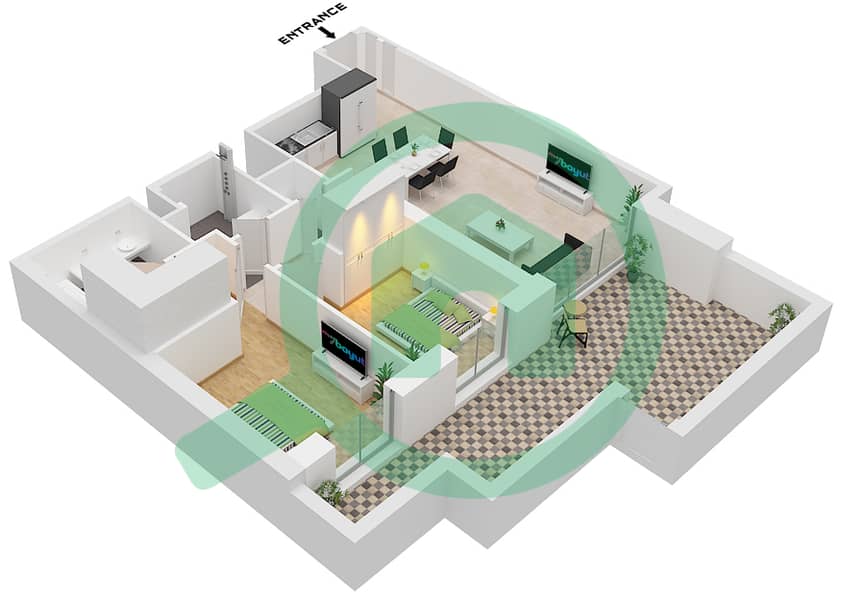 المخططات الطابقية لتصميم الوحدة 7 / FLOOR 2 شقة 2 غرفة نوم - كريك ايدج تاور 2 Unit 7 Floor 2 interactive3D