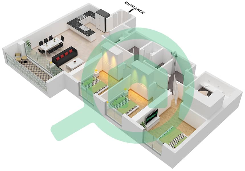 المخططات الطابقية لتصميم الوحدة 4 / FLOOR 3-19 شقة 3 غرف نوم - كريك ايدج تاور 2 Unit 4 Floor 3-19 interactive3D