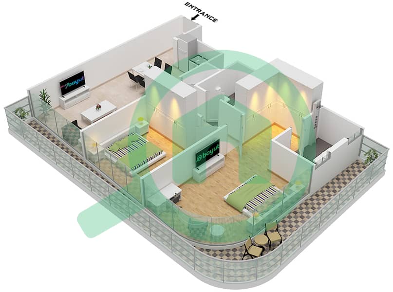 阿维林公寓 - 2 卧室公寓类型1 / FLOOR 1-10戶型图 Type 1 Floor 1-10 interactive3D