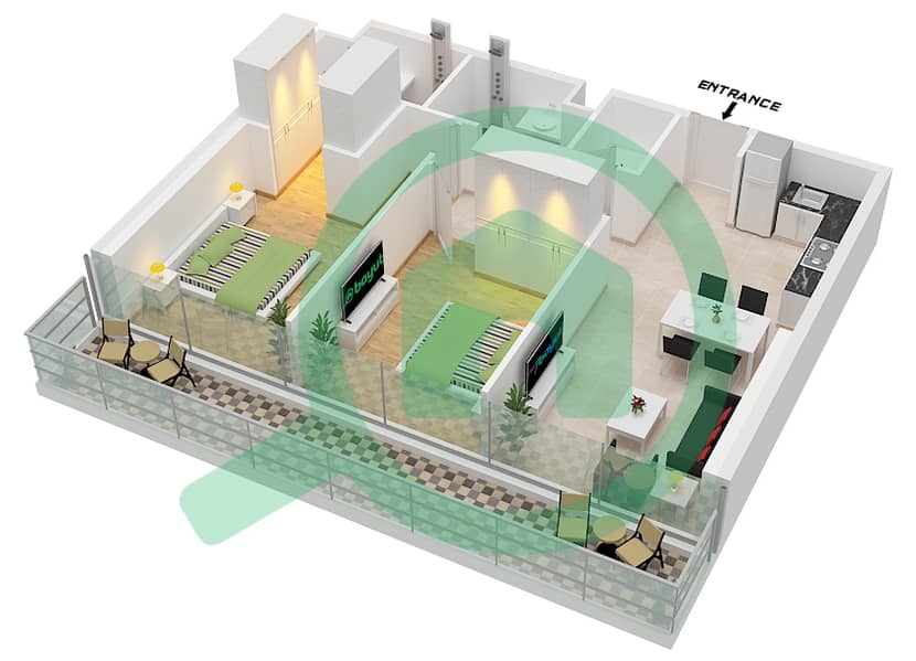 المخططات الطابقية لتصميم الوحدة 1,3,7-10 شقة 2 غرفة نوم - بايز 101 Unit 1 Floor 20-35,40-54,60-81
Unit 3,7-10 Floor 90-101 interactive3D