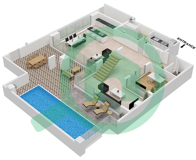 六善公寓 - 3 卧室别墅类型／单位B / UNIT 01戶型图 Type B Unit 01
Ground Floor interactive3D