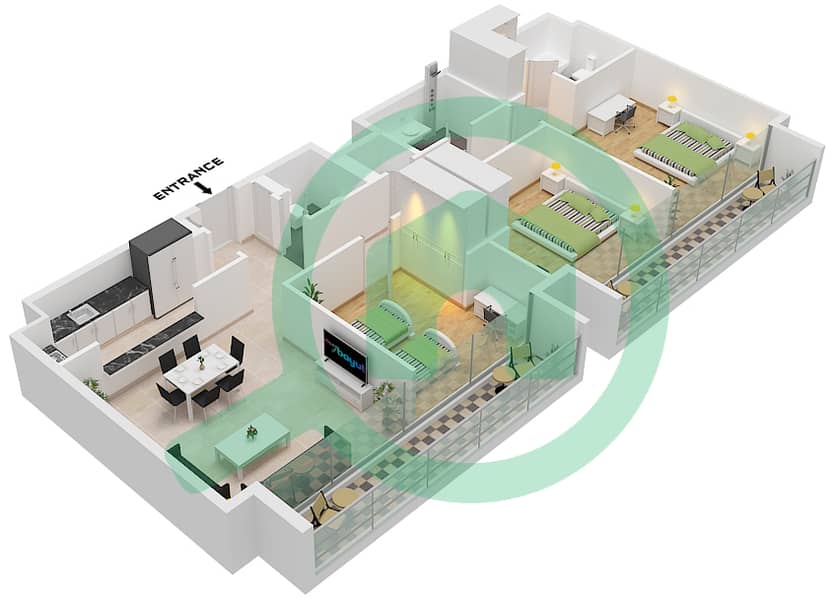 المخططات الطابقية لتصميم النموذج B / FLOOR 6 شقة 3 غرف نوم - سكون 5 Type B Floor 6 interactive3D