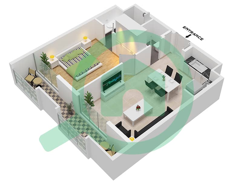 Тираз - Апартамент 1 Спальня планировка Тип/мера 1BR-B-1 / UNIT 12,20 Type 1BR-A-1 
Unit 20 Floor 1-2 
Unit 12 Floor 3-6 interactive3D