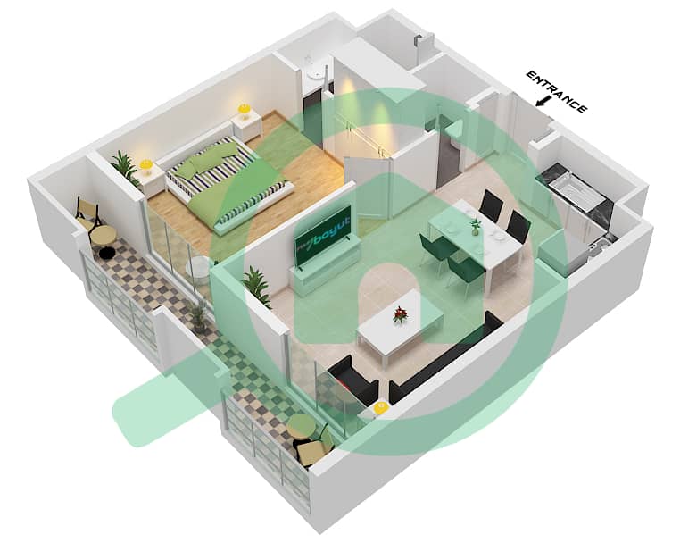 Тираз - Апартамент 1 Спальня планировка Тип/мера 1BR-B-1 / UNIT 2,3 Type 1BR-B-1 Unit 3 Floor 1-2 Unit 2 Floor 3-6
Type 1BR-G-1 Unit 1,14,16 Floor 3-6 interactive3D