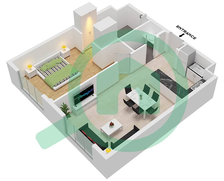 Тираз - Апартамент 1 Спальня планировка Тип/мера 1BR-C / UNIT 4 Type 1BR-C Unit 4 Floor 1-2 interactive3D
