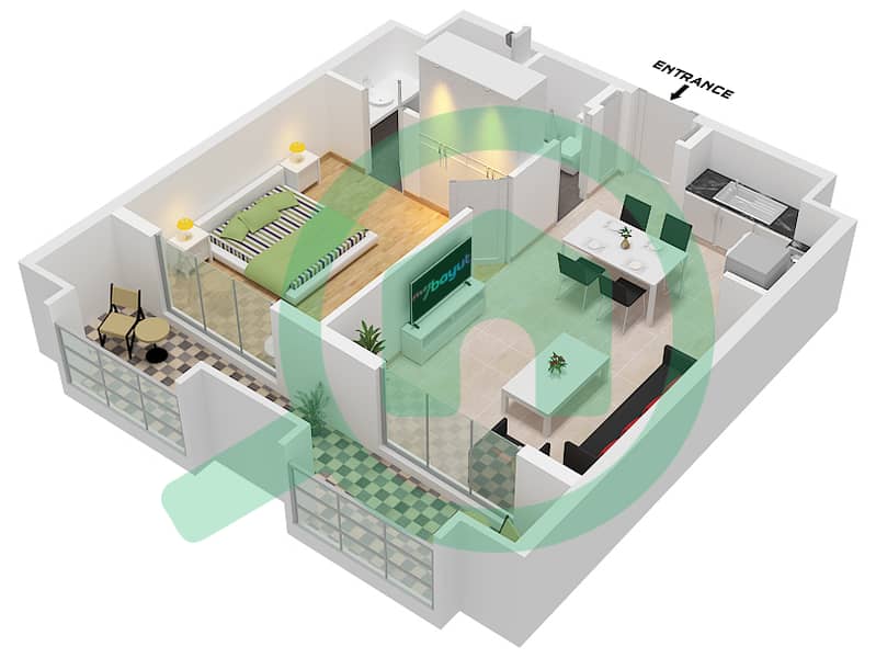 المخططات الطابقية لتصميم النموذج / الوحدة 1BR-H-1 / UNIT 4 شقة 1 غرفة نوم - طراز Type 1BR-H-1 Unit 4 Floor 3-6 interactive3D