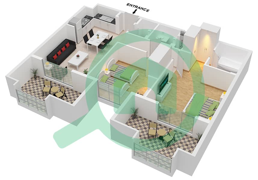 المخططات الطابقية لتصميم النموذج / الوحدة 2BR-A-5 / UNIT 7 شقة 2 غرفة نوم - طراز Type 2BR-A-5 Unit 7 Floor 4-6 interactive3D