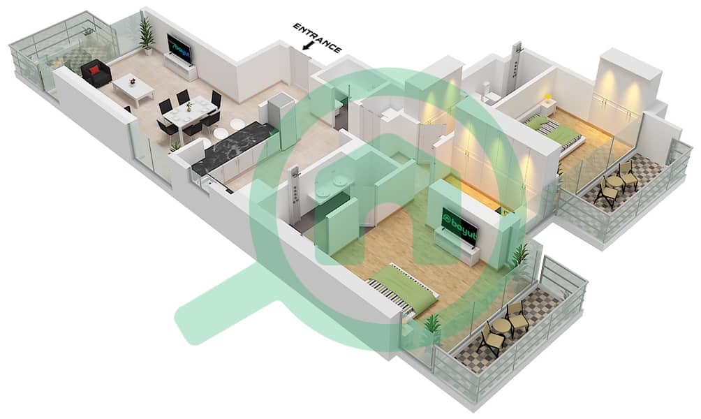 奥姆尼亚特安瓦咏叹调公寓 - 2 卧室公寓单位1 FLOOR 21戶型图 Unit 1 Floor 21 interactive3D