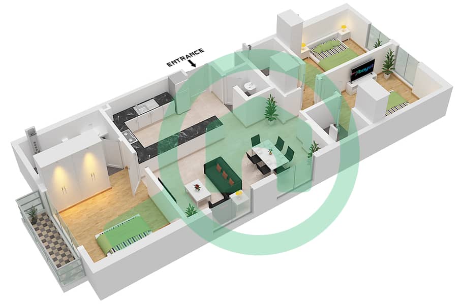 Эквити Гейт - Апартамент 3 Cпальни планировка Единица измерения 17 FLOOR TYPICAL Tyoe Typical Floor Unit 17 Typical Floor interactive3D