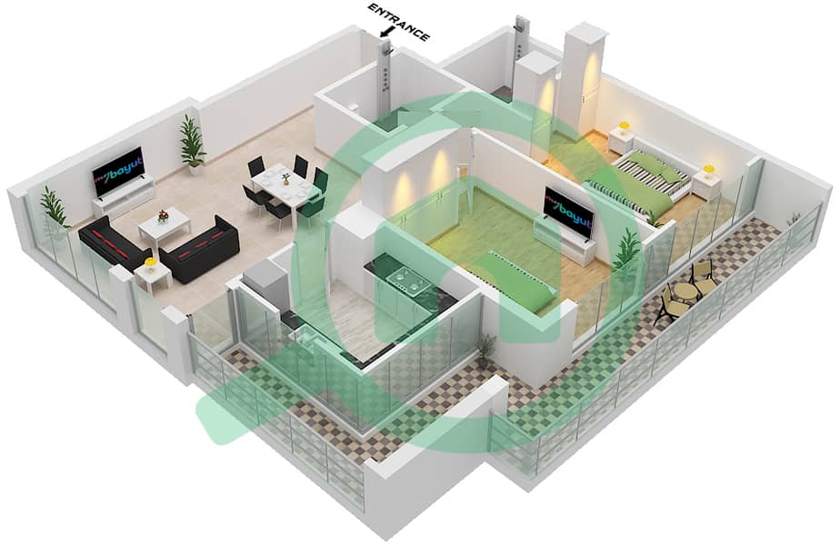المخططات الطابقية لتصميم الوحدة 1 FLOOR 1-8 شقة 2 غرفة نوم - أراس هايتس Unit 1 Floor 1-8 interactive3D