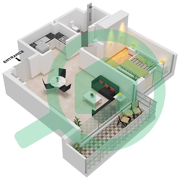 Grand Bleu Tower 2 - 1 Bedroom Apartment Unit 1 FLOOR 2-9 Floor plan Unit 1 Floor 2-9 interactive3D