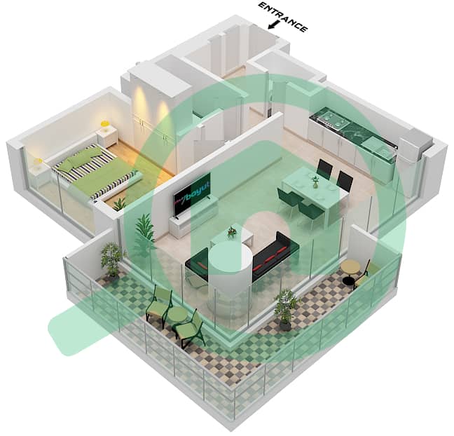المخططات الطابقية لتصميم الوحدة 2 FLOOR 2-9 شقة 1 غرفة نوم - جراند بلو تاور 2 Unit 2 Floor 2-9 interactive3D
