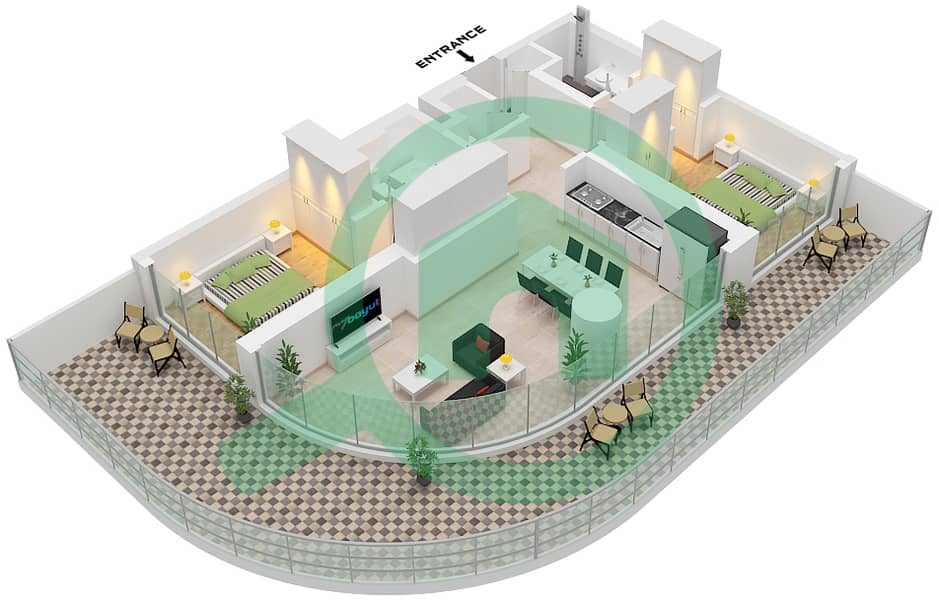 المخططات الطابقية لتصميم الوحدة 6 FLOOR 2-9 شقة 2 غرفة نوم - جراند بلو تاور 2 Unit 6 Floor 2-9 interactive3D