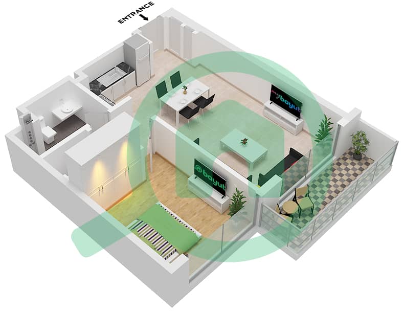 Grand Bleu Tower 2 - 1 Bedroom Apartment Unit 9 FLOOR 2-9 Floor plan Unit 9 Floor 2-9 interactive3D