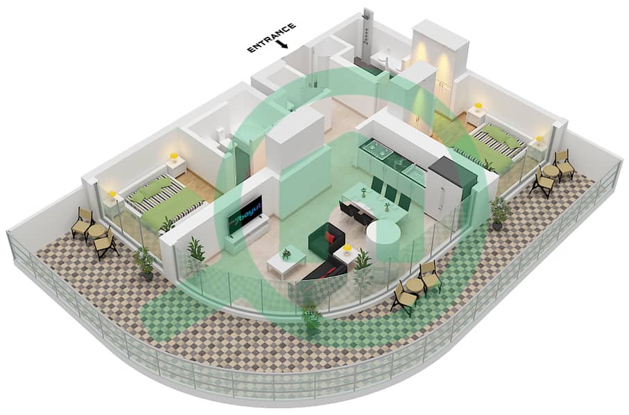 المخططات الطابقية لتصميم الوحدة 6 FLOOR 10-16 شقة 2 غرفة نوم - جراند بلو تاور 2 Unit 6 Floor 10-16 interactive3D