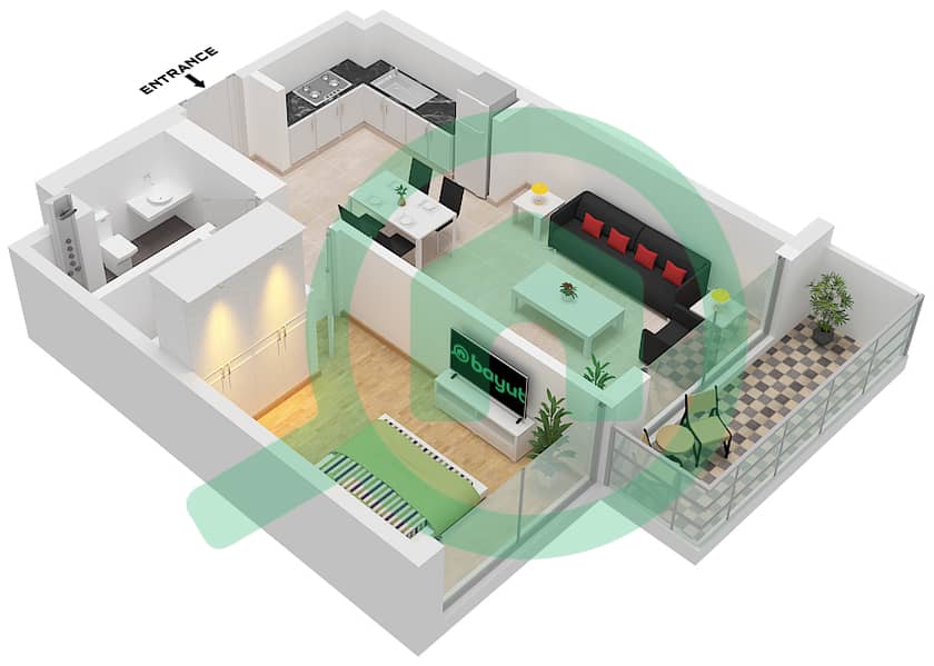 المخططات الطابقية لتصميم الوحدة 3 FLOOR 19-26 شقة 1 غرفة نوم - جراند بلو تاور 2 Unit 3 Floor 19-26 interactive3D