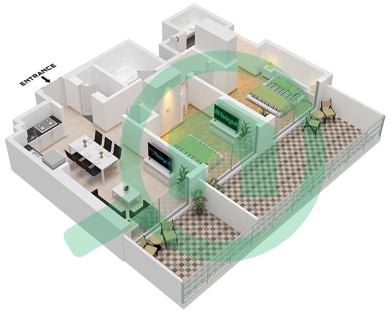 المخططات الطابقية لتصميم الوحدة 6 FLOOR 19-26 شقة 2 غرفة نوم - جراند بلو تاور 2 Unit 6 Floor 19-26 interactive3D
