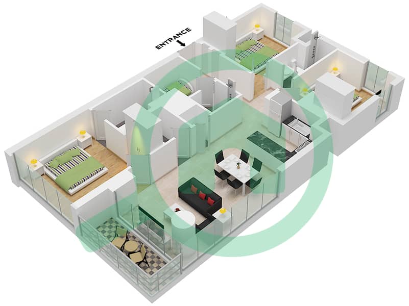 索巴溪畔美景山庄B座 - 3 卧室公寓类型／单位TYPE A / UNIT 08戶型图 Type A Unit 08 Floor 10-32,34-51 interactive3D