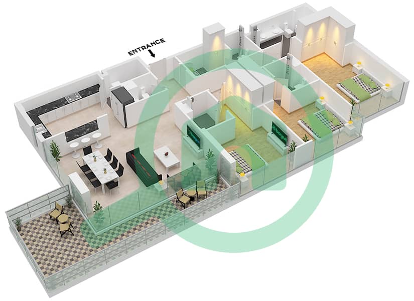 399山林公园综合大楼 - 3 卧室公寓类型A戶型图 Type A interactive3D