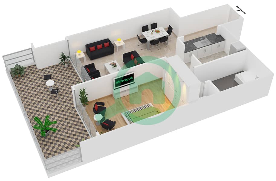 المخططات الطابقية لتصميم التصميم 02 / GROUND FLOOR شقة 1 غرفة نوم - المجرة 3 Ground Floor interactive3D