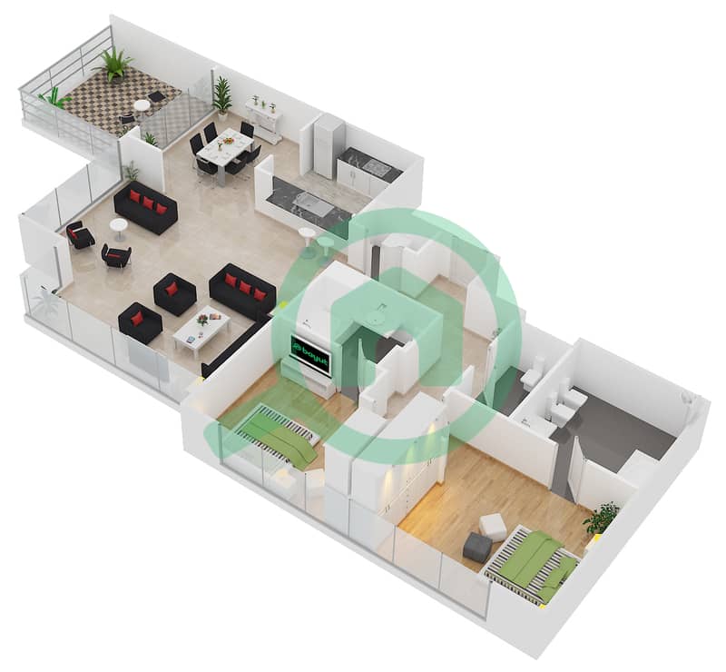 المخططات الطابقية لتصميم التصميم 01 / FLOOR 9 شقة 2 غرفة نوم - المجرة 3 interactive3D