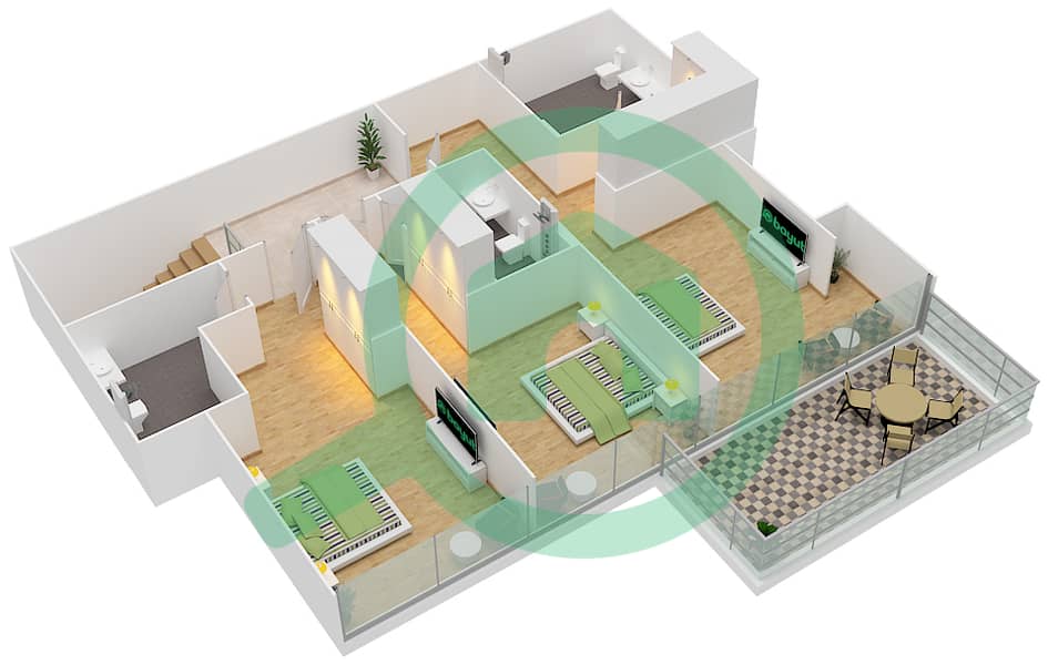 公园之门公寓 - 4 卧室联排别墅类型3戶型图 Upper Level interactive3D