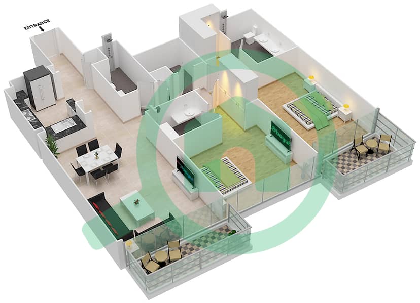 Park Gate Residence - 2 Bedroom Apartment Type 3A Floor plan interactive3D