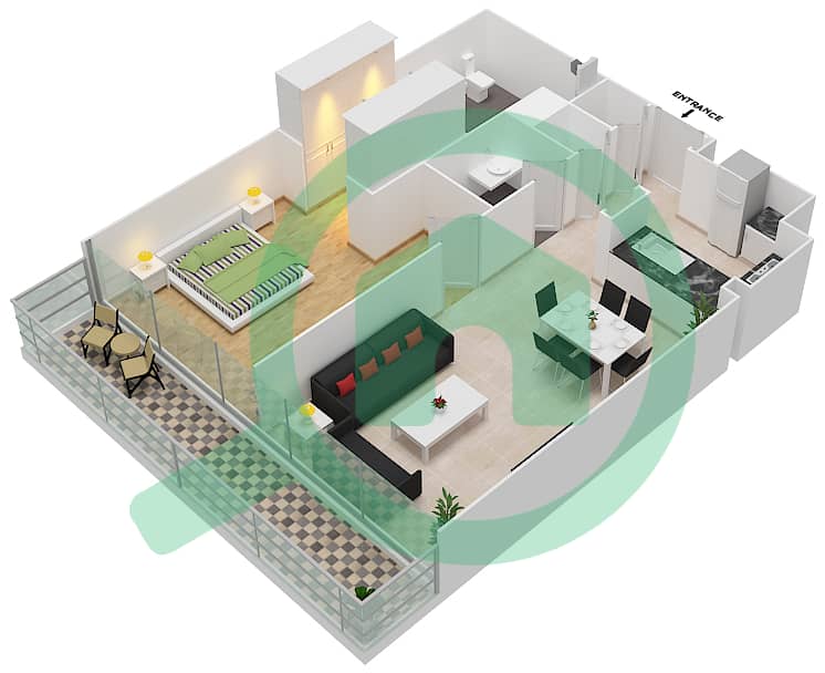 Парк Гейт Резиденс - Апартамент 1 Спальня планировка Тип 1A interactive3D