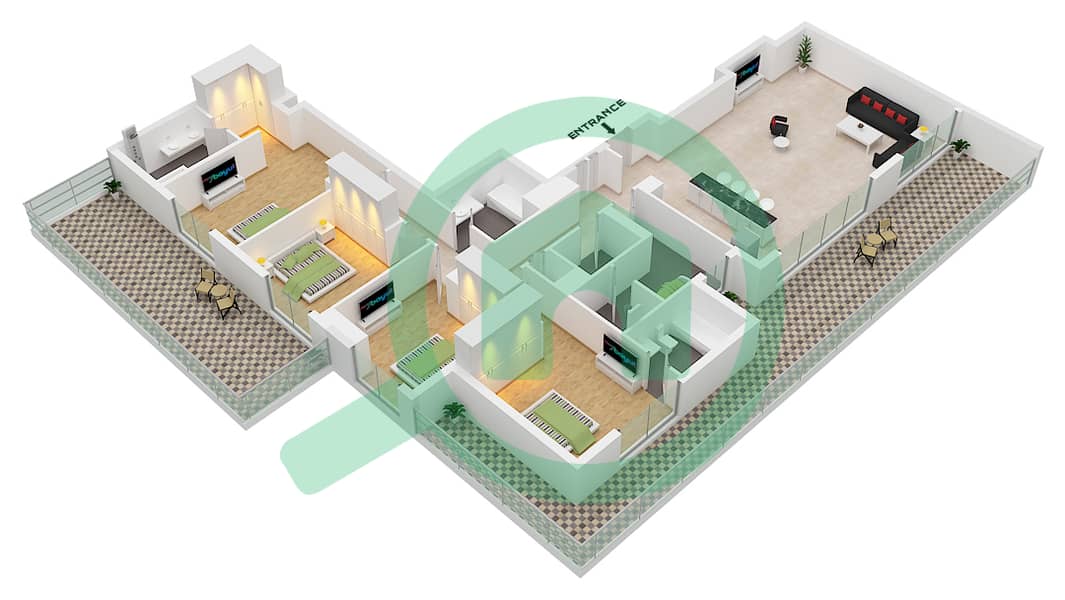 海洋之门2号大楼 - 4 卧室公寓类型／单位2A / UNIT 02 FLOOR 06戶型图 2A / Unit 02 Floor 06 interactive3D