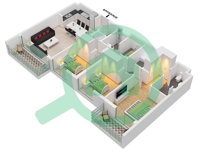 海洋之门2号大楼 - 3 卧室公寓类型／单位8 /UNIT 03-04 FLOOR 01-05戶型图 8 /Unit 03-04 Floor 01-05 interactive3D