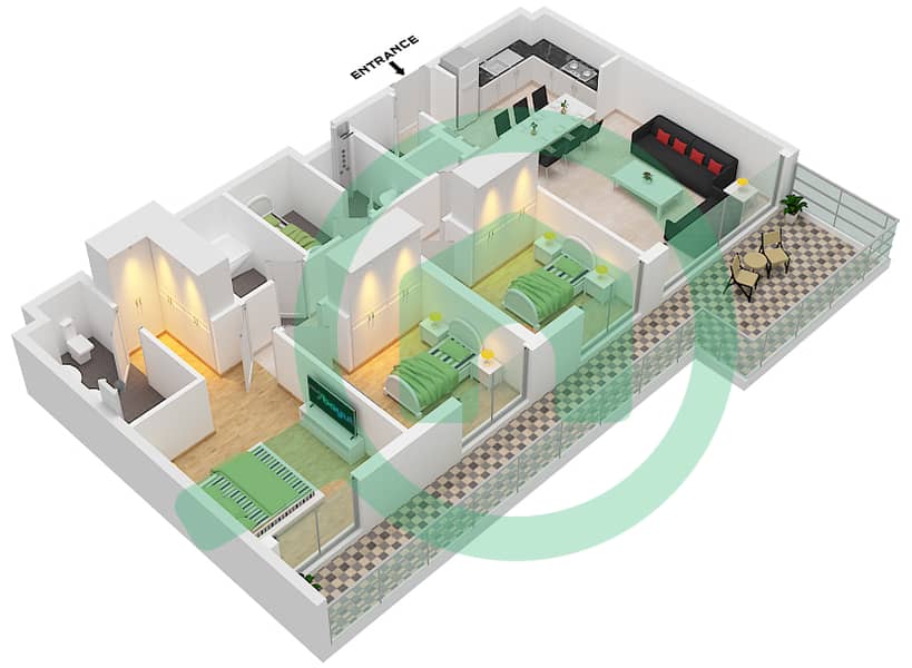 海洋之门2号大楼 - 3 卧室公寓类型／单位8A / UNIT 02 FLOOR 01戶型图 8A / Unit 02 Floor 01 interactive3D