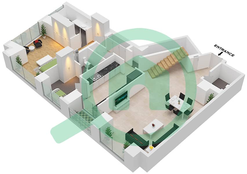 المخططات الطابقية لتصميم النموذج A شقة 3 غرف نوم - برج كيان Type A Lower Floor 53 interactive3D