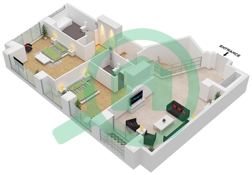 المخططات الطابقية لتصميم النموذج A شقة 3 غرف نوم - برج كيان Type A Uppar Floor 54 interactive3D