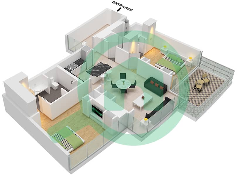 卡瓦利大厦 - 2 卧室公寓类型A1-M戶型图 Type A1-M interactive3D