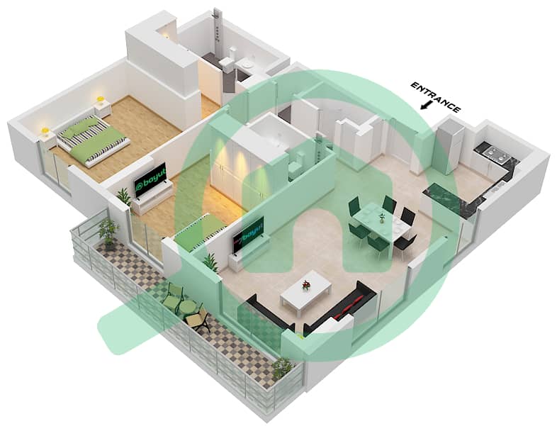 المخططات الطابقية لتصميم النموذج / الوحدة 3A / UNIT 7 FLOOR 1 شقة 2 غرفة نوم - برج لا سيرين 5 Type 3A Unit 7 Floor 1 interactive3D