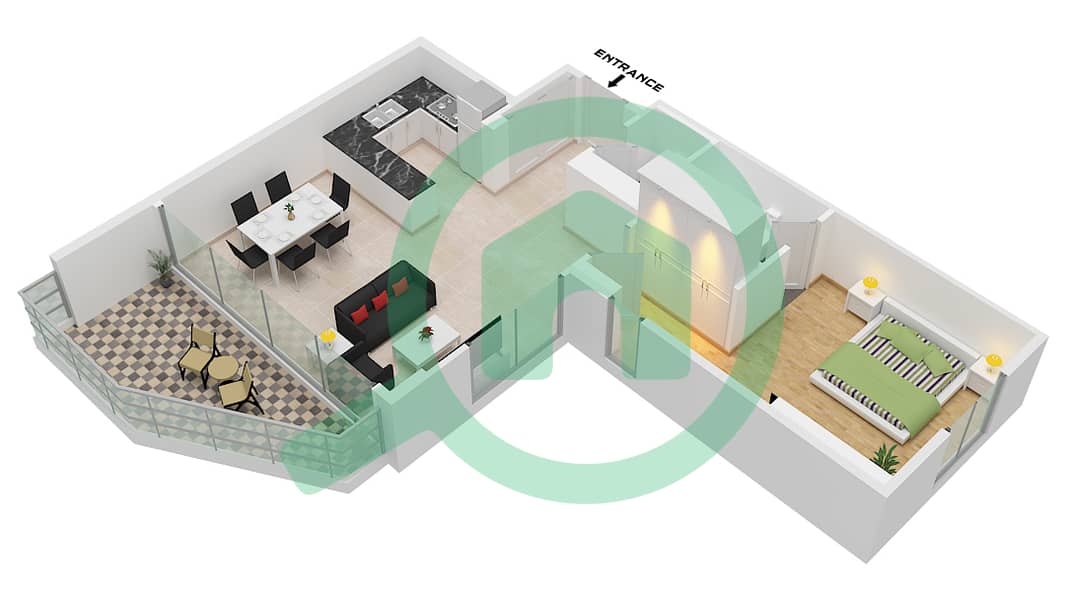 园畔公寓A座 - 1 卧室公寓类型C戶型图 Type C interactive3D