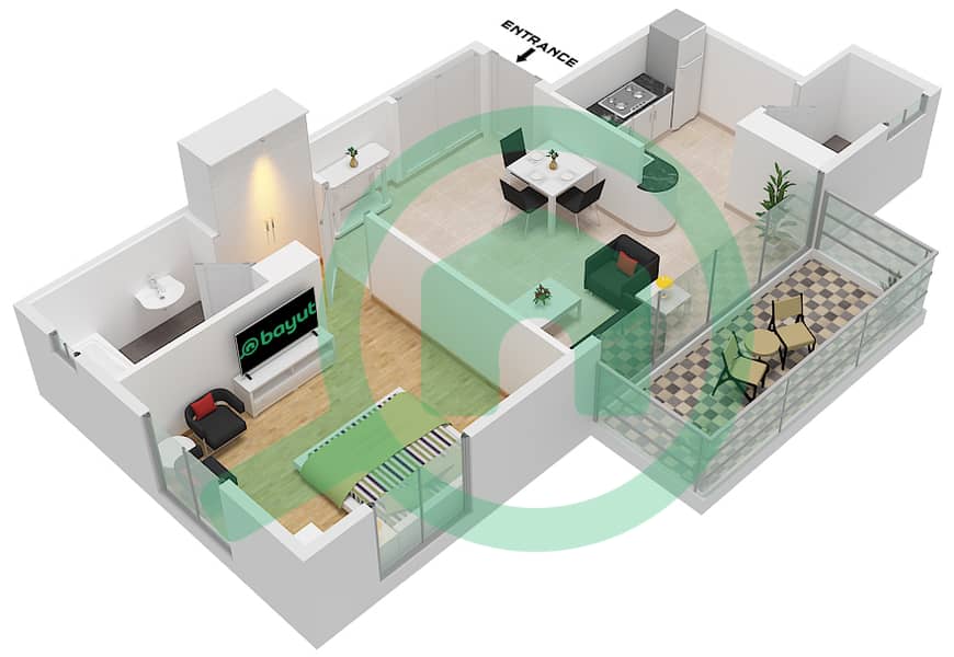 园畔公寓A座 - 1 卧室公寓类型E戶型图 Type E interactive3D