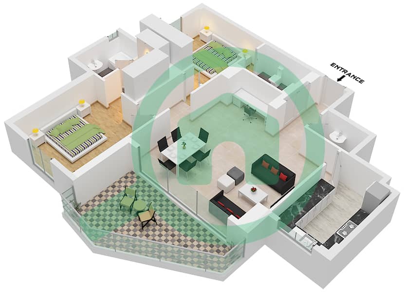 المخططات الطابقية لتصميم النموذج B شقة 2 غرفة نوم - بارك سايد ريزيدنس A Type B interactive3D