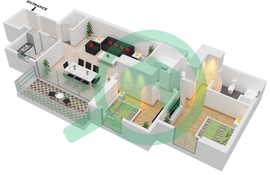 园畔公寓A座 - 2 卧室公寓类型F戶型图 Type F interactive3D