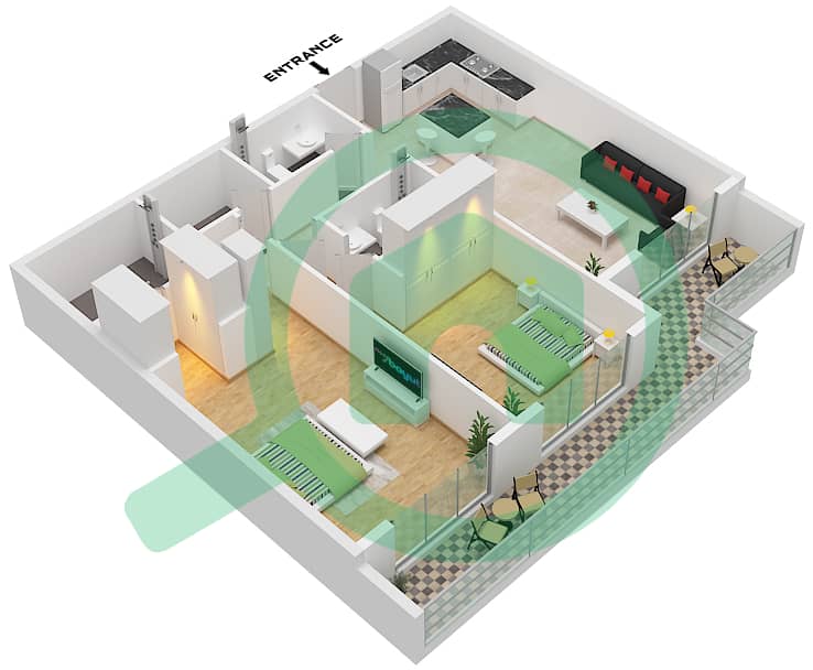 المخططات الطابقية لتصميم الوحدة 207 شقة 2 غرفة نوم - ماركيز سيجنيتشر Unit 207 interactive3D