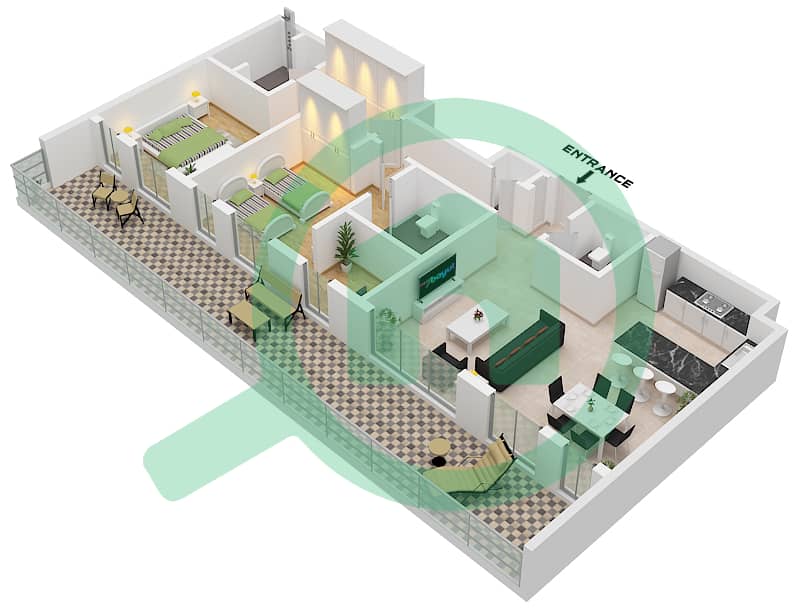Terrazzo Residences - 2 卧室公寓类型／单位3A / UNIT 8-11戶型图 "Type 3A Unit 9,10,11 Fifth Floor Tower A 
Unit 8,9 Fifth Floor Tower B" interactive3D