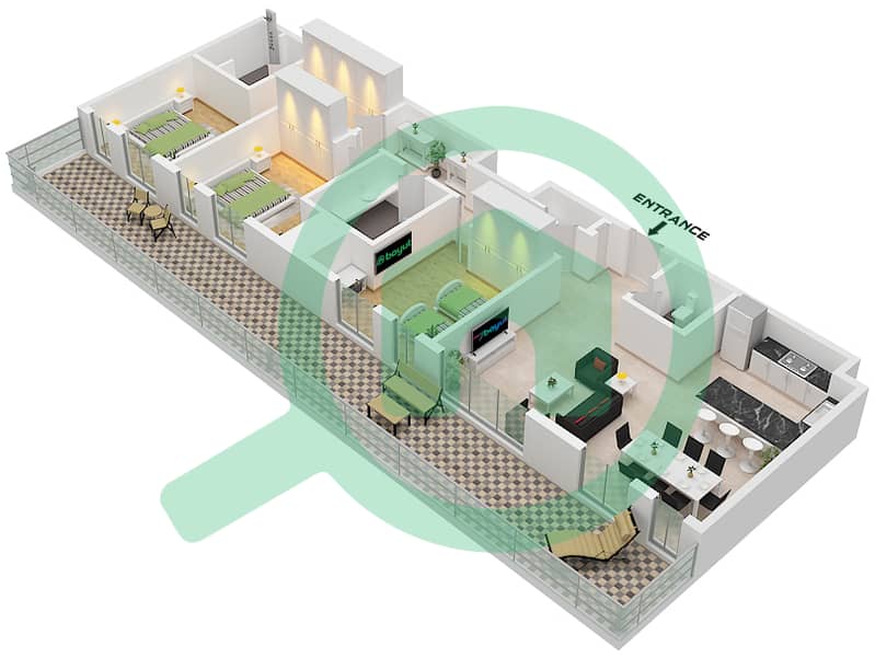 Terrazzo Residences - 3 卧室公寓类型／单位2A / UNIT 7,10戶型图 Type 2A Unit 7,10 Fifth Floor Tower B interactive3D