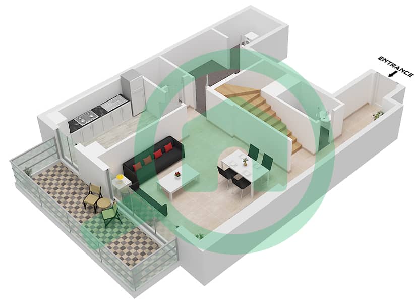المخططات الطابقية لتصميم النموذج D2 FLOOR 14,17 شقة 2 غرفة نوم - كيو جاردنز لوفتس Type D2 Lower Floor 14,16 interactive3D