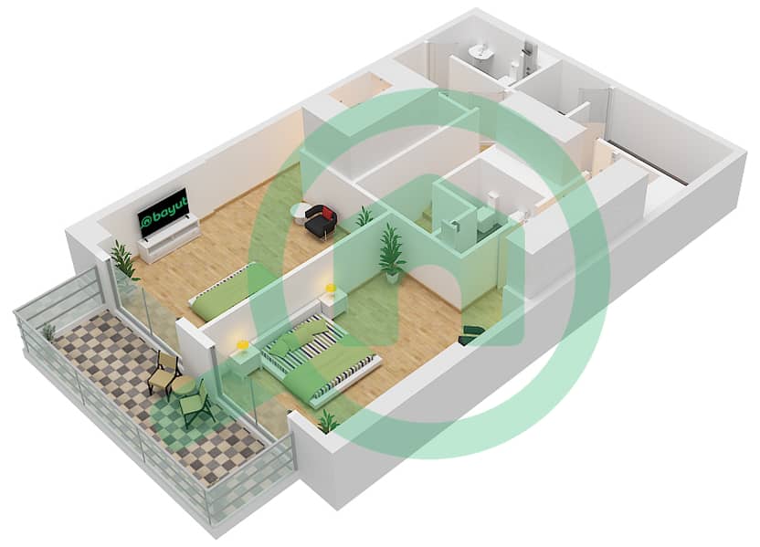 المخططات الطابقية لتصميم النموذج D2 FLOOR 14,17 شقة 2 غرفة نوم - كيو جاردنز لوفتس Type D2 Upper Floor 15,17 interactive3D