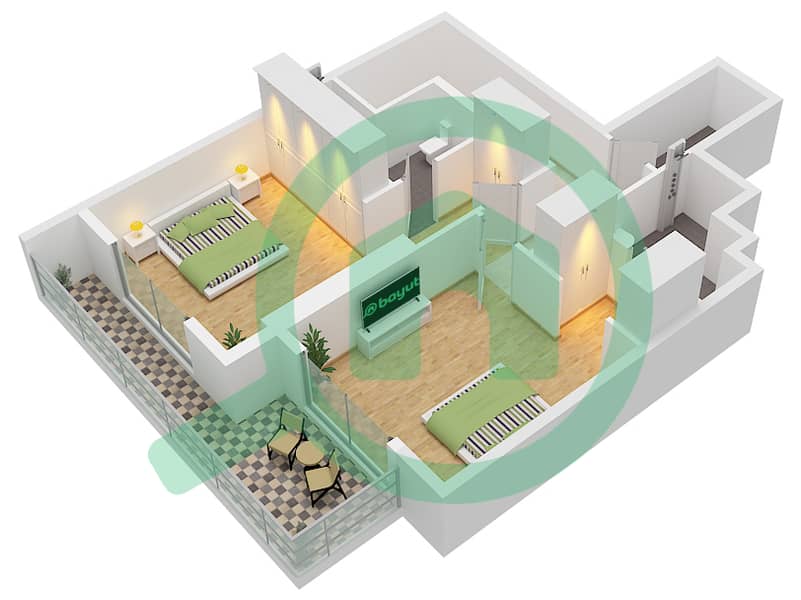 المخططات الطابقية لتصميم النموذج B1 FLOOR 1,2 شقة 2 غرفة نوم - كيو جاردنز لوفتس Type B1 Upper Floor 2 interactive3D